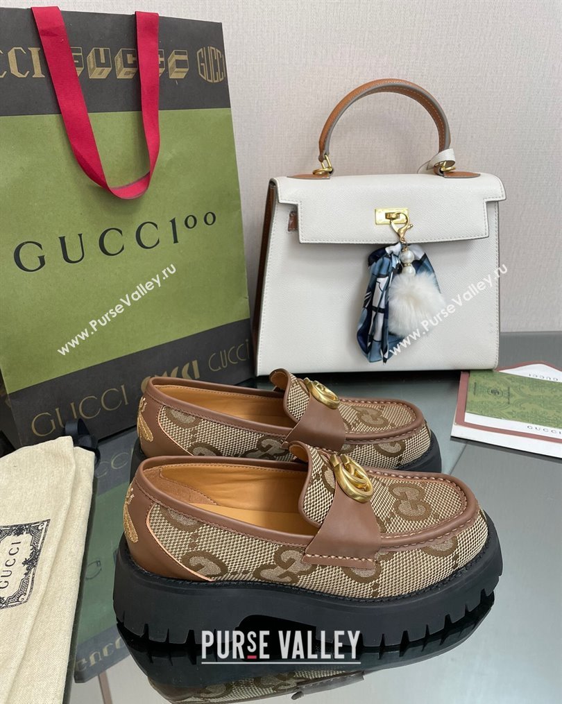 Gucci Jumbo GG Canvas Platform Loafers 4.5cm with GG Brown 2023 1025 (MD-231025031)
