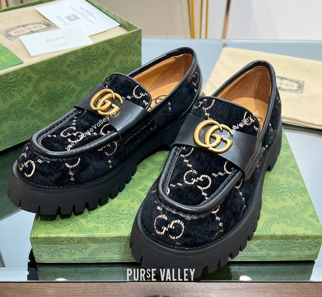 Gucci GG Velvet Platform Loafers 4.5cm with GG Black 2023 1025 (MD-231025032)