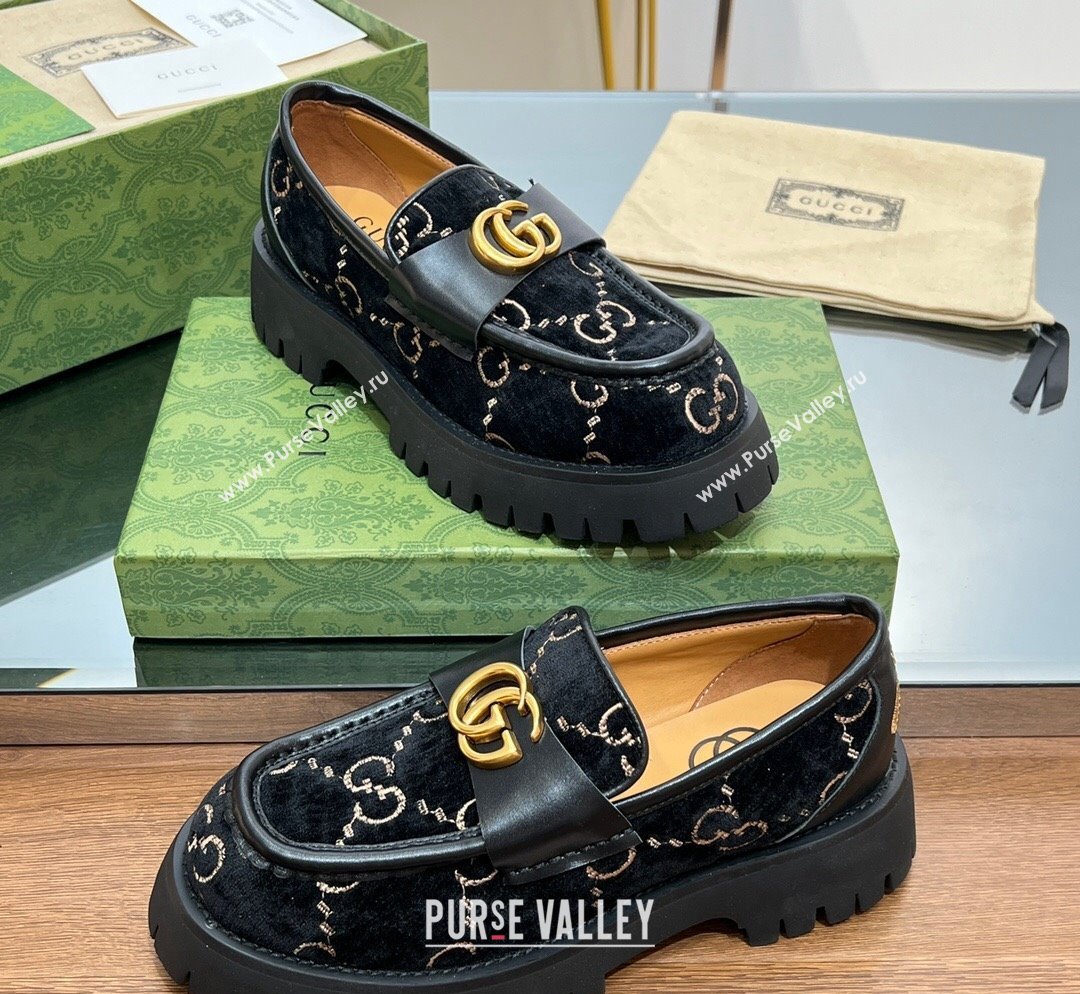 Gucci GG Velvet Platform Loafers 4.5cm with GG Black 2023 1025 (MD-231025032)