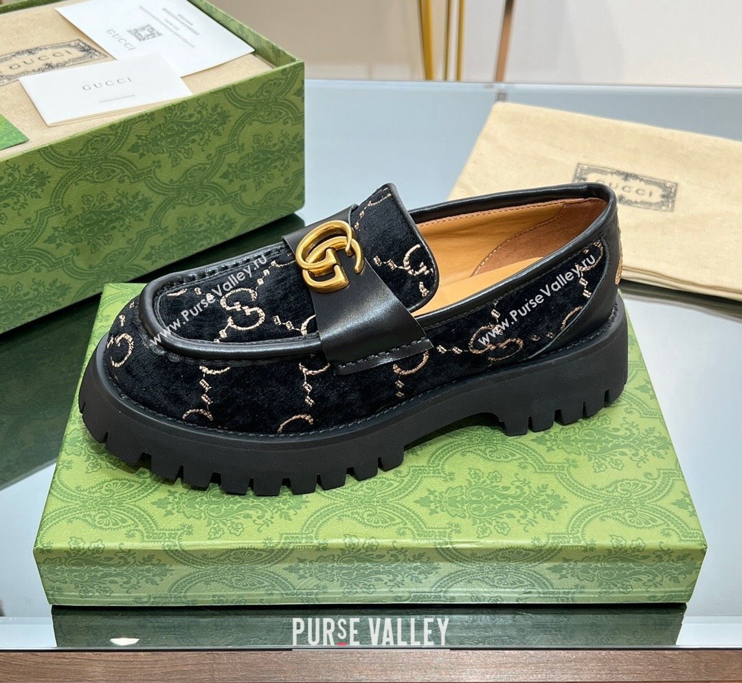 Gucci GG Velvet Platform Loafers 4.5cm with GG Black 2023 1025 (MD-231025032)