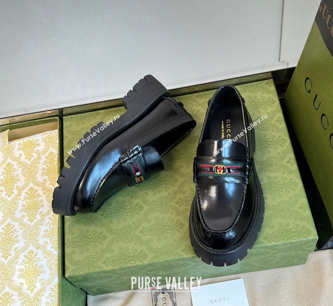 Gucci Shiny Leather Platform Loafers 3cm with Web and Interlocking G Black 2023 (MD-231025035)