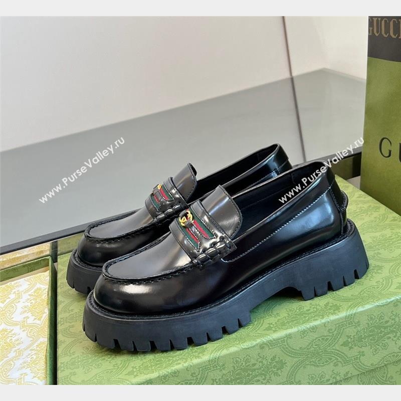 Gucci Shiny Leather Platform Loafers 3cm with Web and Interlocking G Black 2023 (MD-231025035)