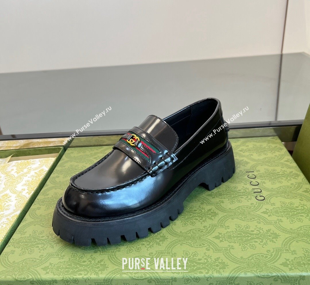 Gucci Shiny Leather Platform Loafers 3cm with Web and Interlocking G Black 2023 (MD-231025035)