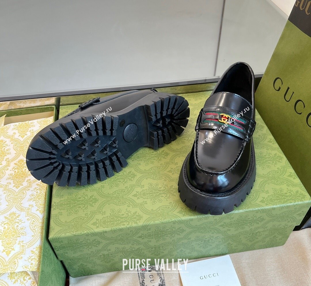 Gucci Shiny Leather Platform Loafers 3cm with Web and Interlocking G Black 2023 (MD-231025035)