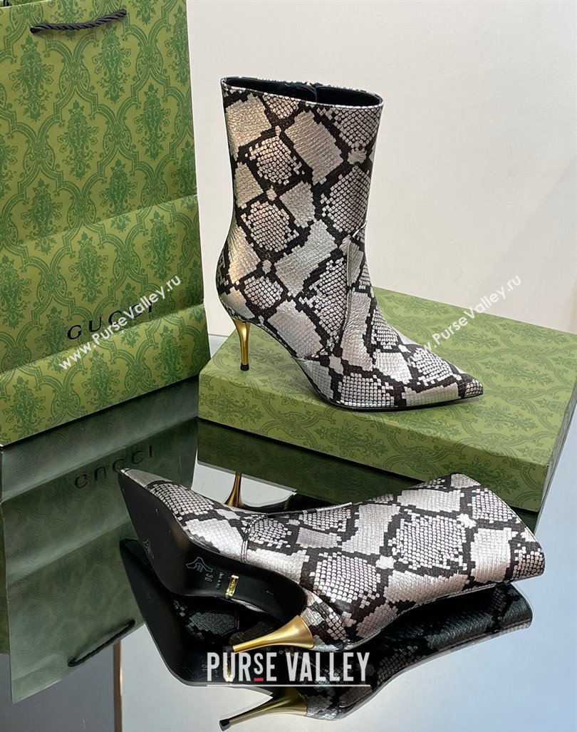 Gucci Metal-Tone Heel Ankle Boots 8.5cm in Metallic Snakeskin-Like Leather 2023 761988 (MD-231103120)