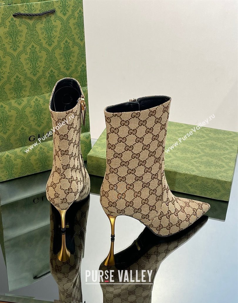 Gucci Metal-Tone Heel Ankle Boots 8.5cm in GG Canvas Beige 2023 761988 (MD-231103121)