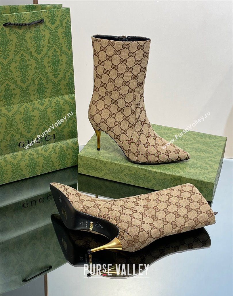 Gucci Metal-Tone Heel Ankle Boots 8.5cm in GG Canvas Beige 2023 761988 (MD-231103121)