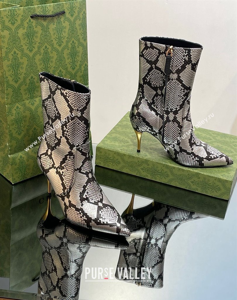 Gucci Metal-Tone Heel Ankle Boots 8.5cm in Metallic Snakeskin-Like Leather 2023 761988 (MD-231103120)