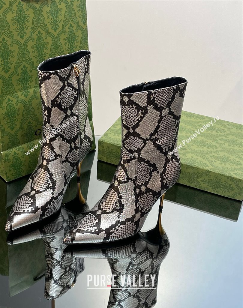 Gucci Metal-Tone Heel Ankle Boots 8.5cm in Metallic Snakeskin-Like Leather 2023 761988 (MD-231103120)