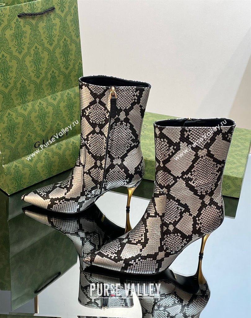 Gucci Metal-Tone Heel Ankle Boots 8.5cm in Metallic Snakeskin-Like Leather 2023 761988 (MD-231103120)