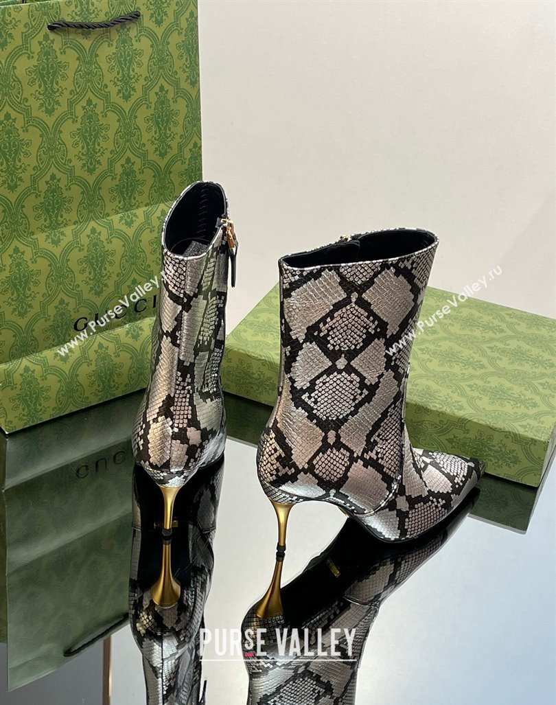 Gucci Metal-Tone Heel Ankle Boots 8.5cm in Metallic Snakeskin-Like Leather 2023 761988 (MD-231103120)