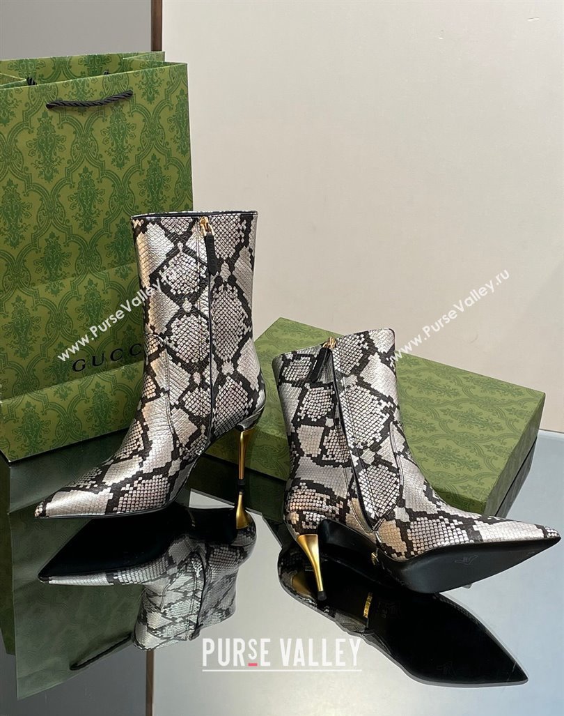 Gucci Metal-Tone Heel Ankle Boots 8.5cm in Metallic Snakeskin-Like Leather 2023 761988 (MD-231103120)