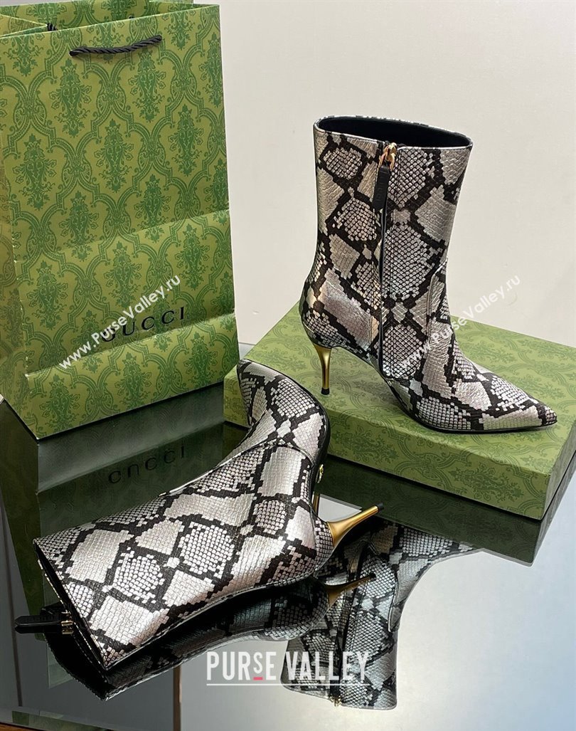 Gucci Metal-Tone Heel Ankle Boots 8.5cm in Metallic Snakeskin-Like Leather 2023 761988 (MD-231103120)