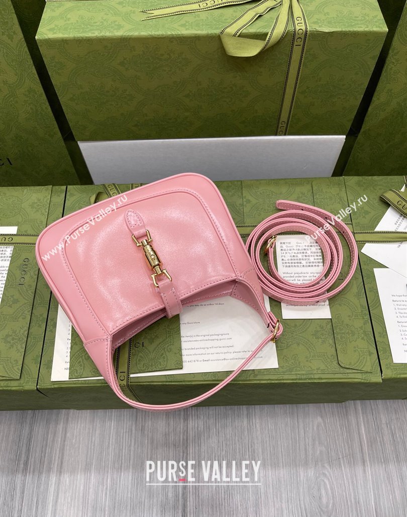 Gucci Jackie 1961 Shiny Leather Mini Hobo Bag 637091 Pink 2024 (DLH-240219023)