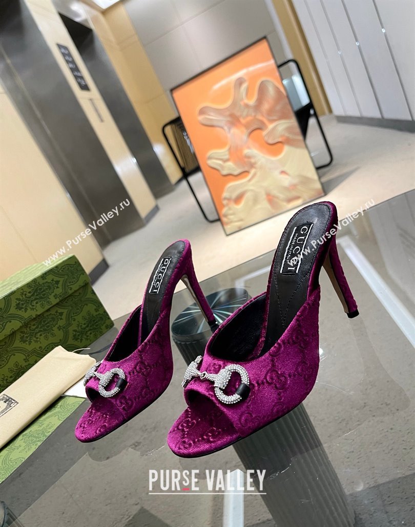 Gucci Horsebit 1955 High Heel Slide Sandals 9.5cm in GG Velvet Purple 2024 (MD-240316002)