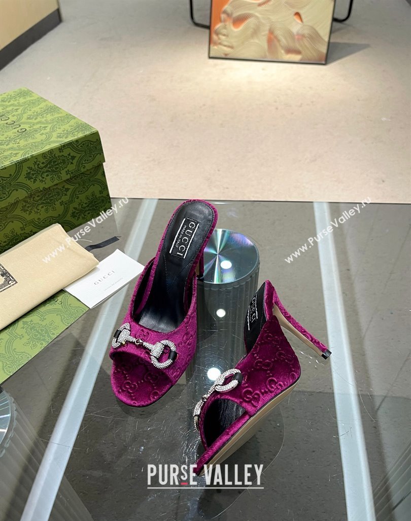 Gucci Horsebit 1955 High Heel Slide Sandals 9.5cm in GG Velvet Purple 2024 (MD-240316002)