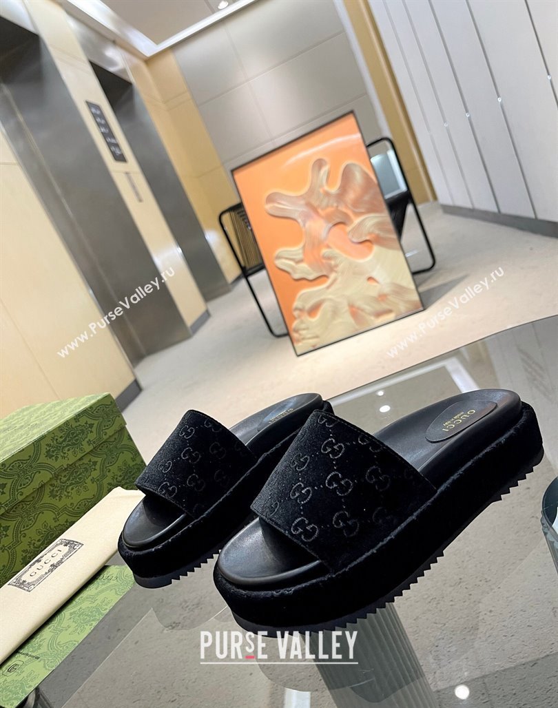 Gucci GG Velvet Platform Slide Sandal 5.5cm Black 2024 0316 (MD-240316014)