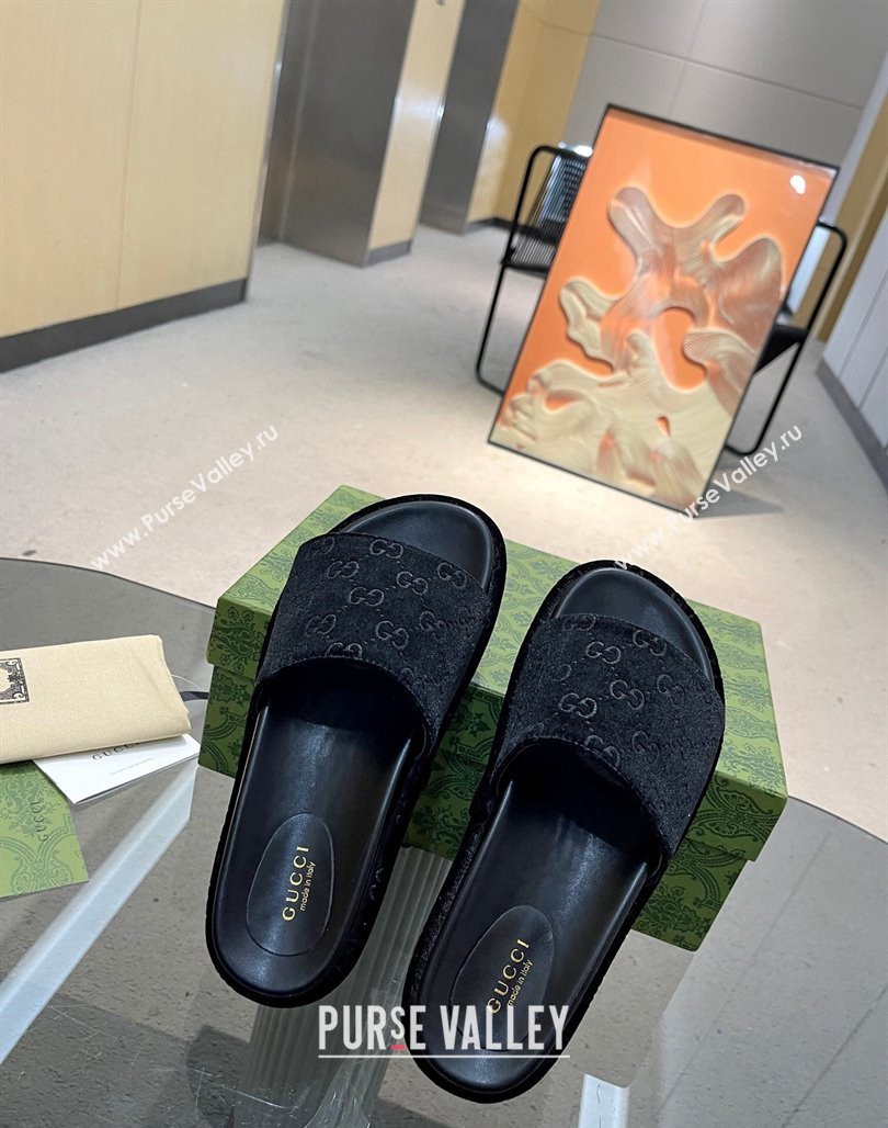 Gucci GG Velvet Platform Slide Sandal 5.5cm Black 2024 0316 (MD-240316014)