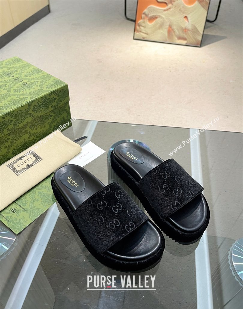 Gucci GG Velvet Platform Slide Sandal 5.5cm Black 2024 0316 (MD-240316014)