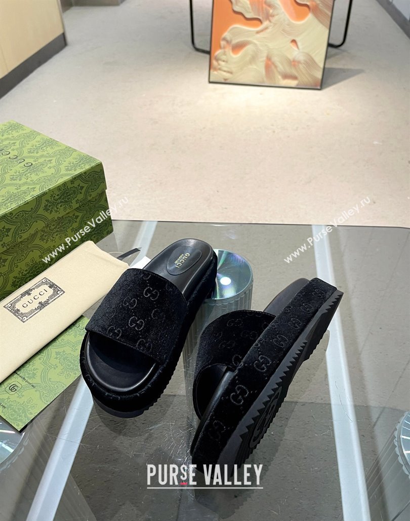 Gucci GG Velvet Platform Slide Sandal 5.5cm Black 2024 0316 (MD-240316014)