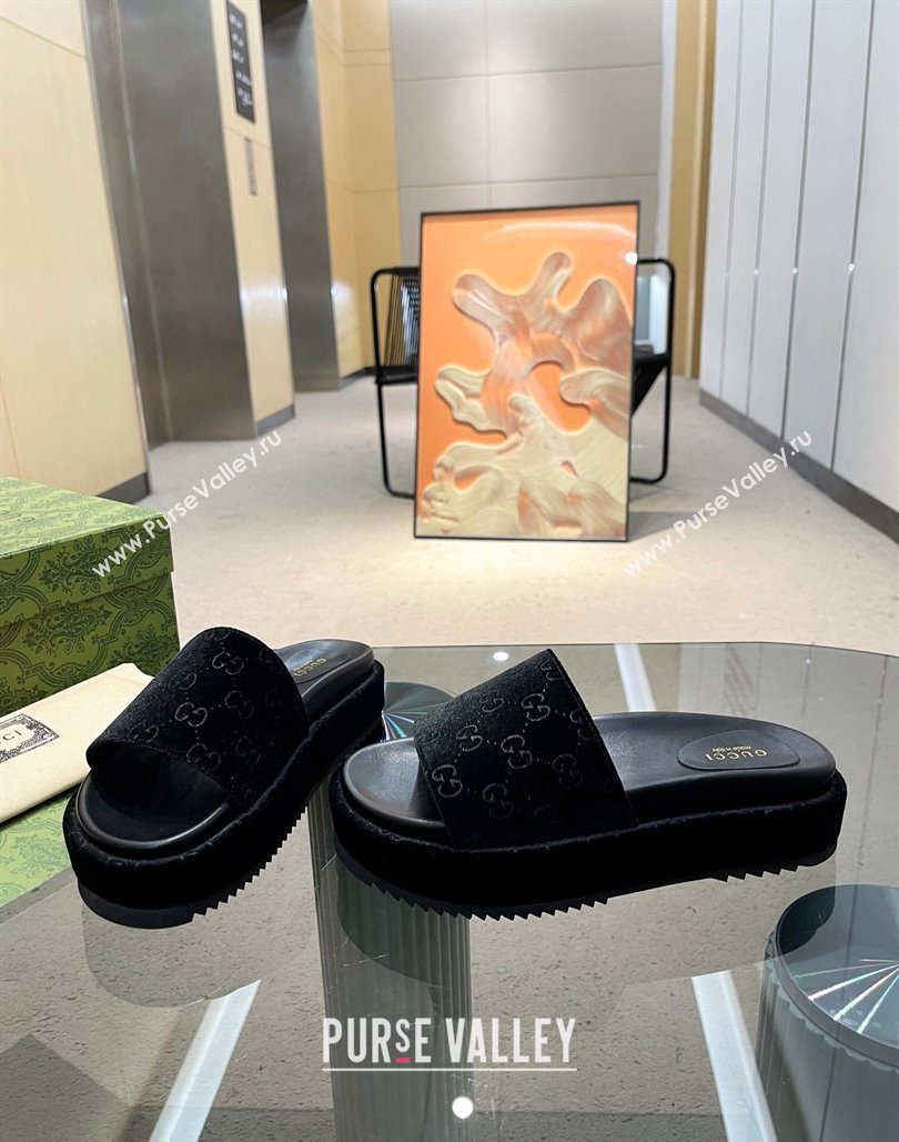 Gucci GG Velvet Platform Slide Sandal 5.5cm Black 2024 0316 (MD-240316014)
