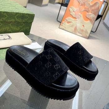Gucci GG Velvet Platform Slide Sandal 5.5cm Black 2024 0316 (MD-240316014)