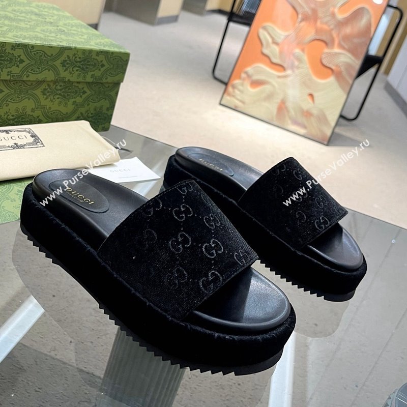 Gucci GG Velvet Platform Slide Sandal 5.5cm Black 2024 0316 (MD-240316014)