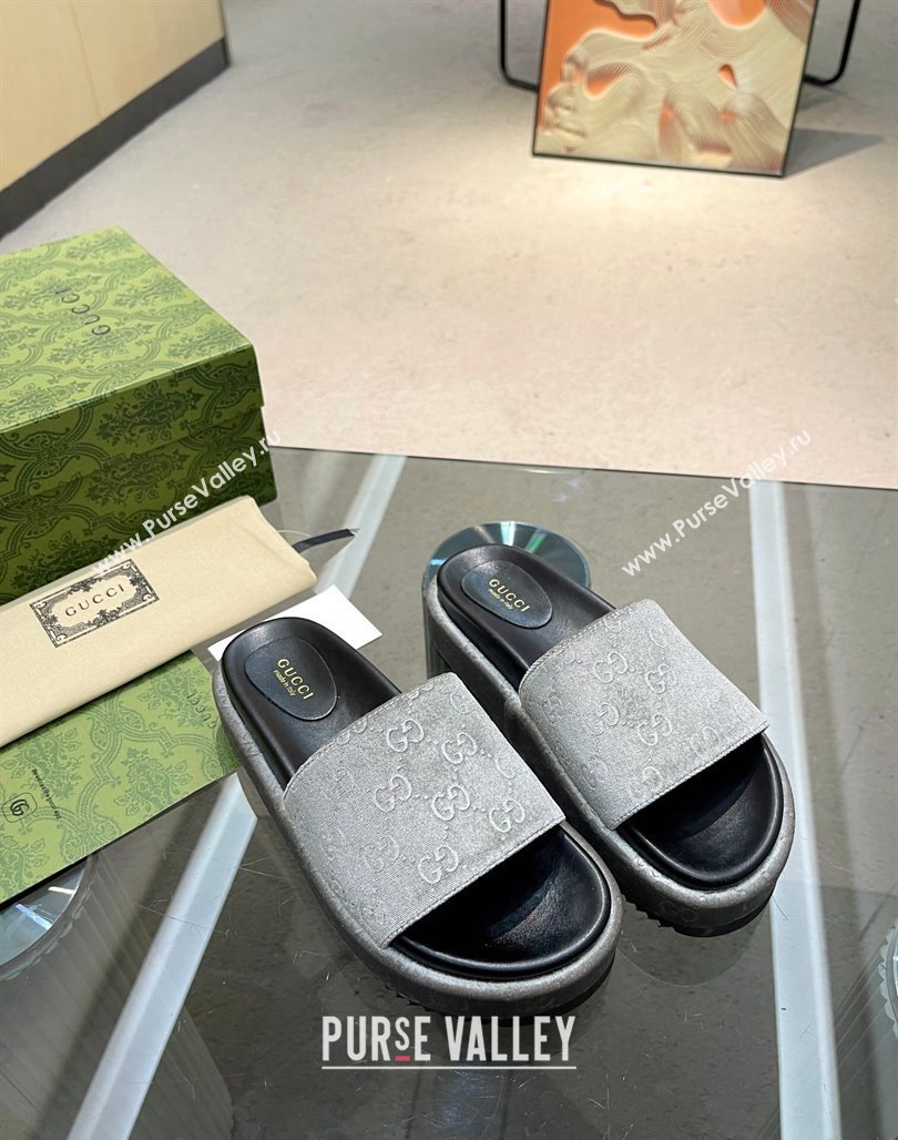 Gucci GG Velvet Platform Slide Sandal 5.5cm Grey 2024 0316 (MD-240316016)