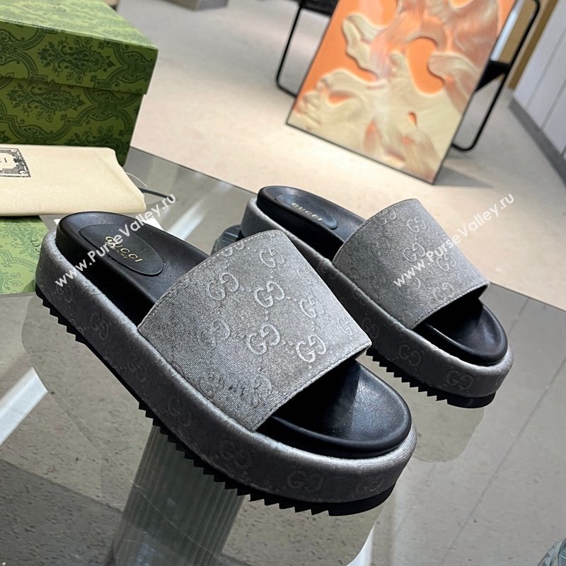 Gucci GG Velvet Platform Slide Sandal 5.5cm Grey 2024 0316 (MD-240316016)