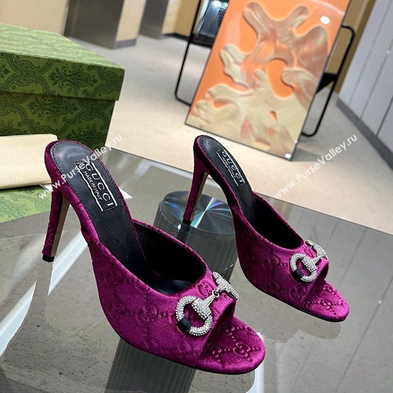 Gucci Horsebit 1955 High Heel Slide Sandals 9.5cm in GG Velvet Purple 2024 (MD-240316002)