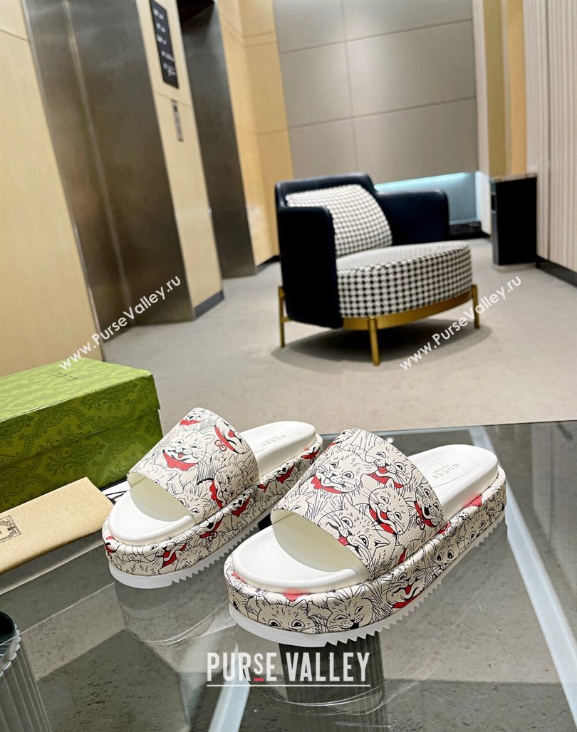 Gucci Animal Print Platform Slide Sandal 5.5cm White/Black/Red 2024 0316 (MD-240316022)