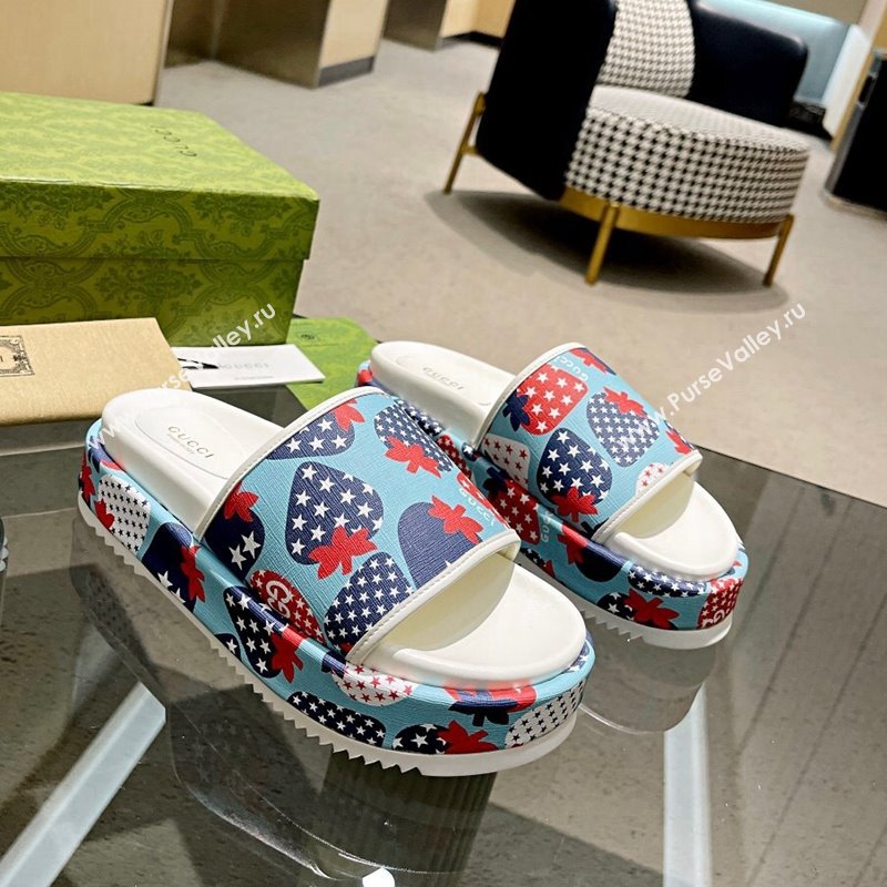Gucci Strawberry Platform Slide Sandal 5.5cm Blue 2024 0316 (MD-240316021)