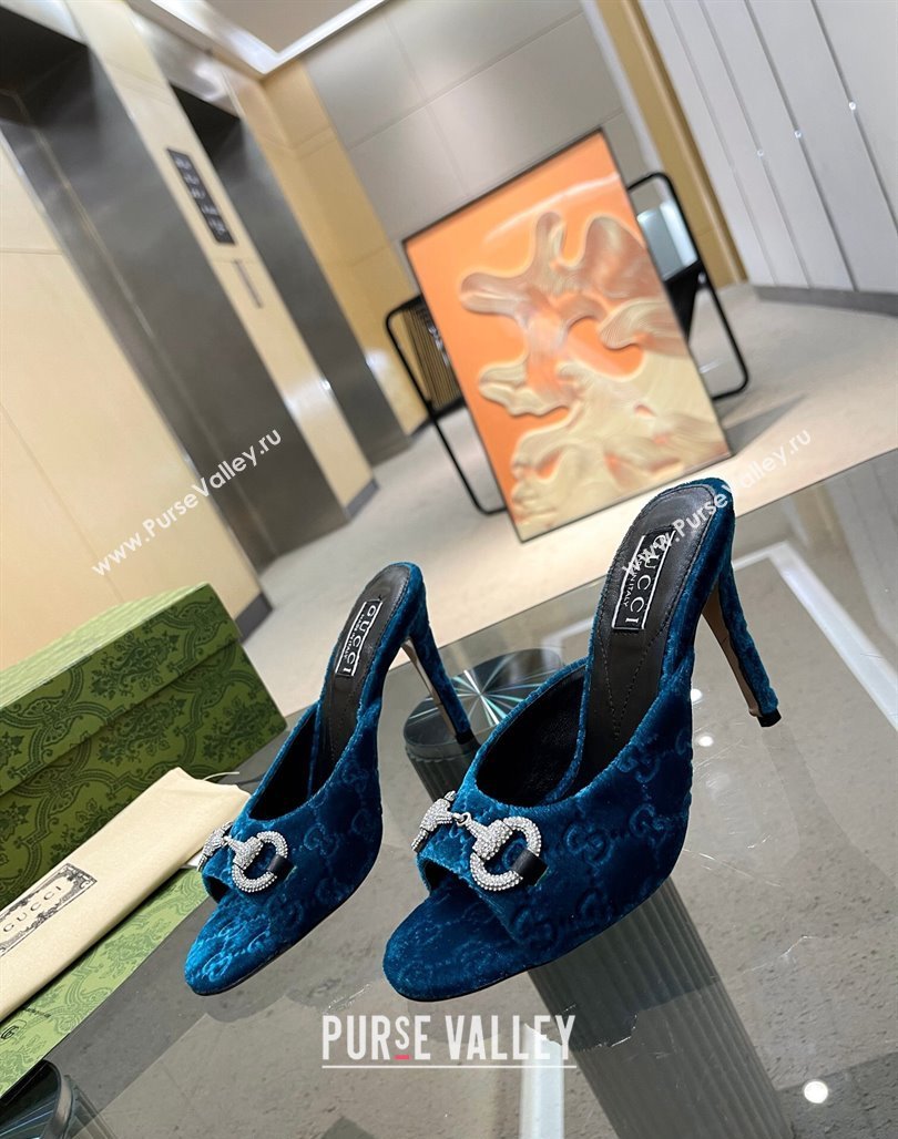 Gucci Horsebit 1955 High Heel Slide Sandals 9.5cm in GG Velvet Blue 2024 (MD-240316003)
