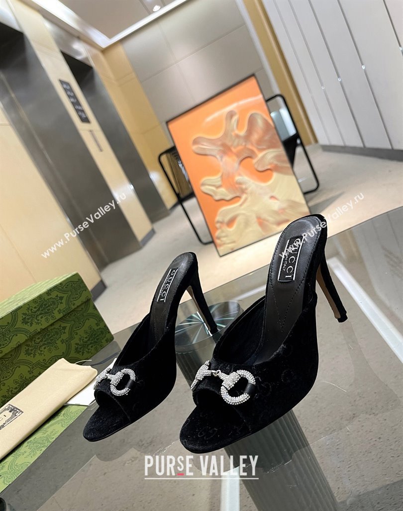 Gucci Horsebit 1955 High Heel Slide Sandals 9.5cm in GG Velvet Black 2024 (MD-240316001)
