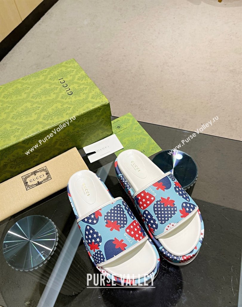 Gucci Strawberry Platform Slide Sandal 5.5cm Blue 2024 0316 (MD-240316021)