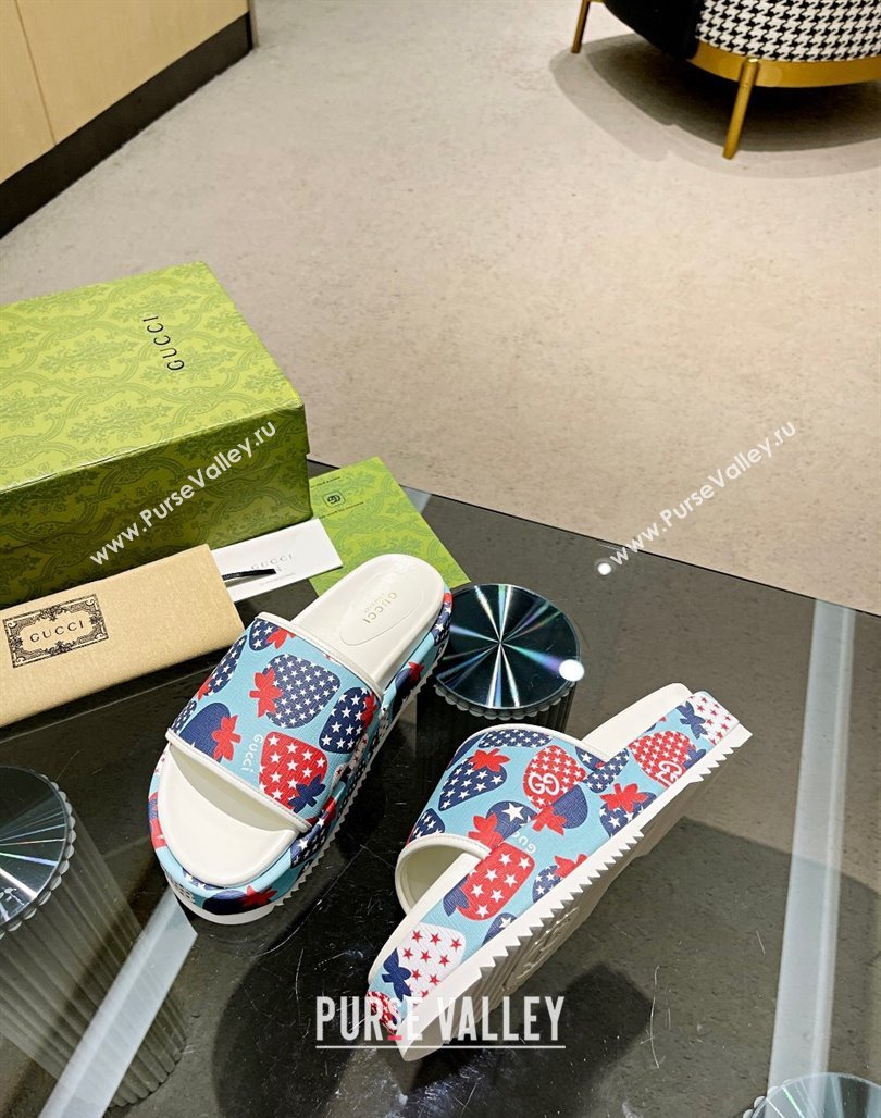Gucci Strawberry Platform Slide Sandal 5.5cm Blue 2024 0316 (MD-240316021)