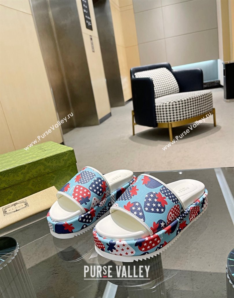 Gucci Strawberry Platform Slide Sandal 5.5cm Blue 2024 0316 (MD-240316021)