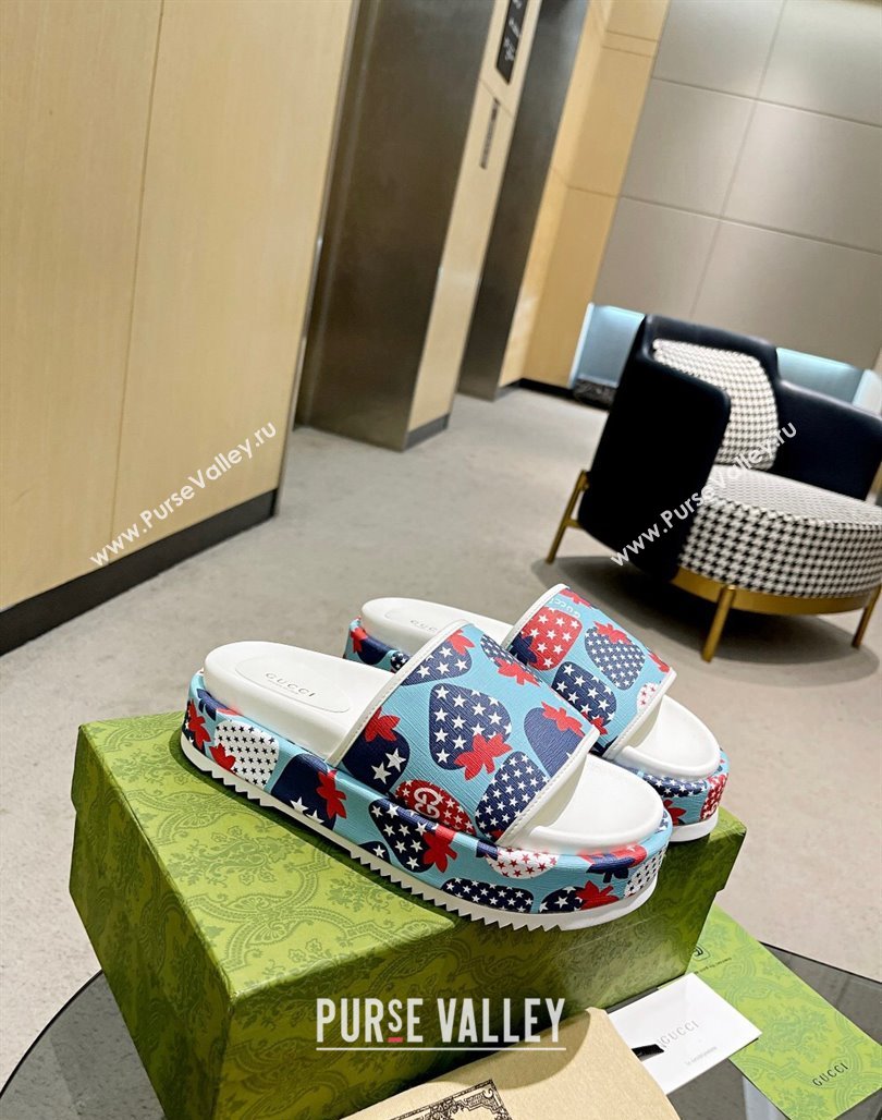 Gucci Strawberry Platform Slide Sandal 5.5cm Blue 2024 0316 (MD-240316021)