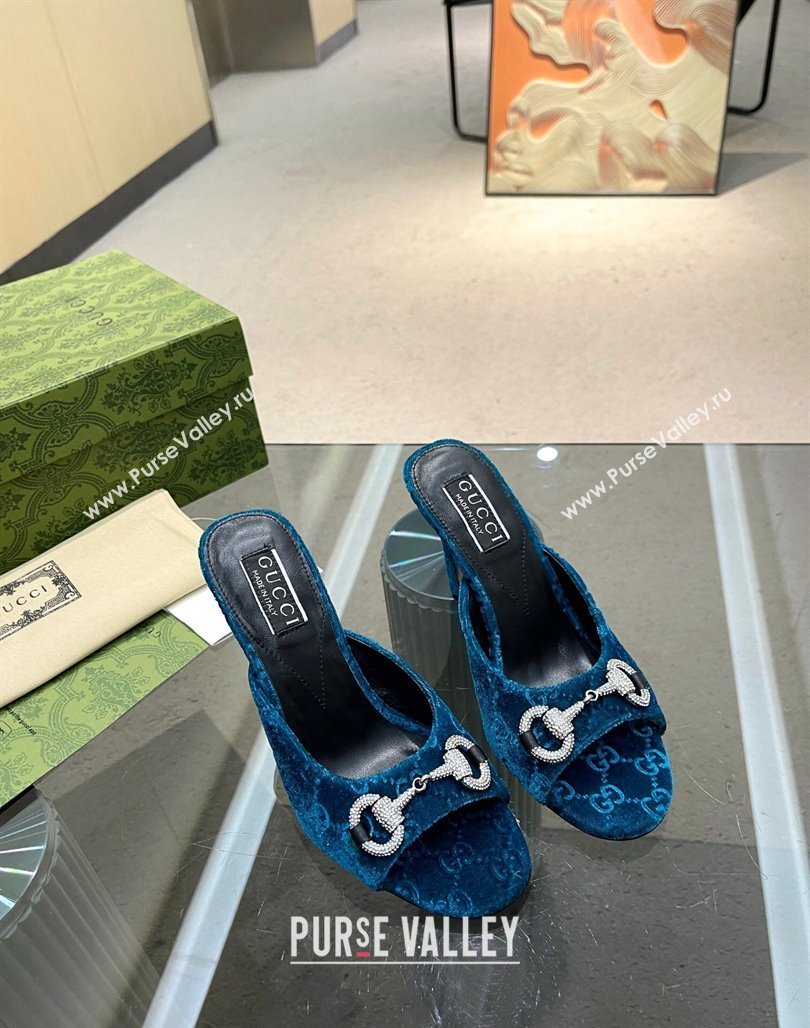 Gucci Horsebit 1955 High Heel Slide Sandals 9.5cm in GG Velvet Blue 2024 (MD-240316003)
