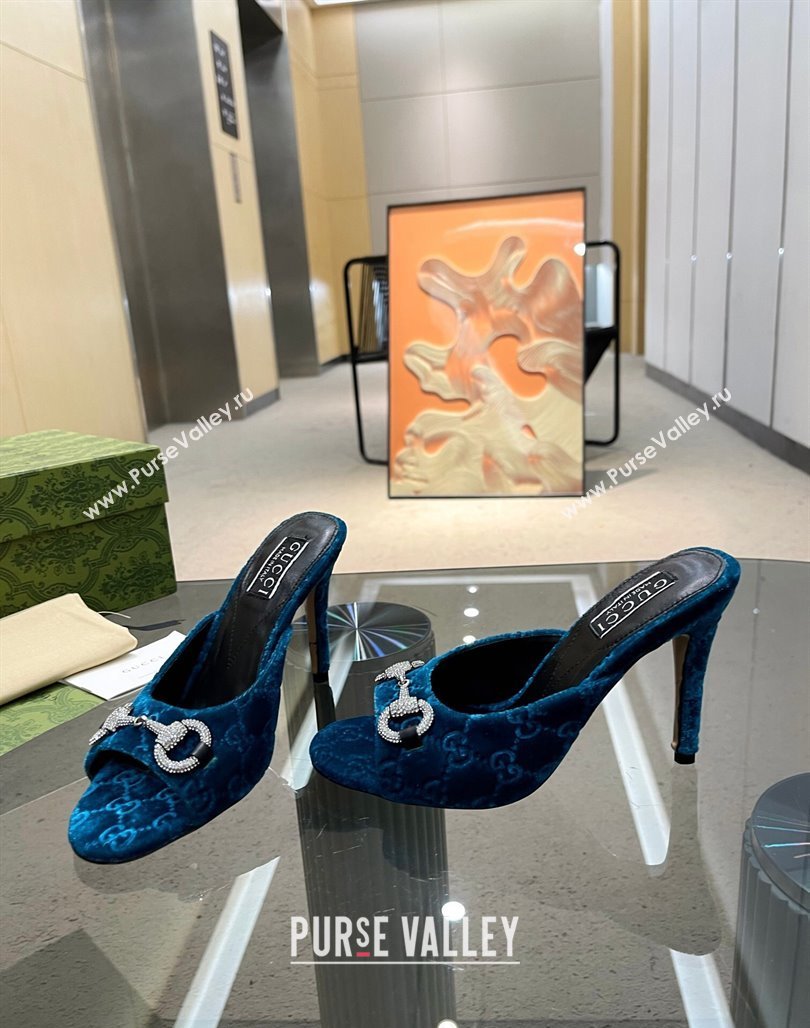 Gucci Horsebit 1955 High Heel Slide Sandals 9.5cm in GG Velvet Blue 2024 (MD-240316003)