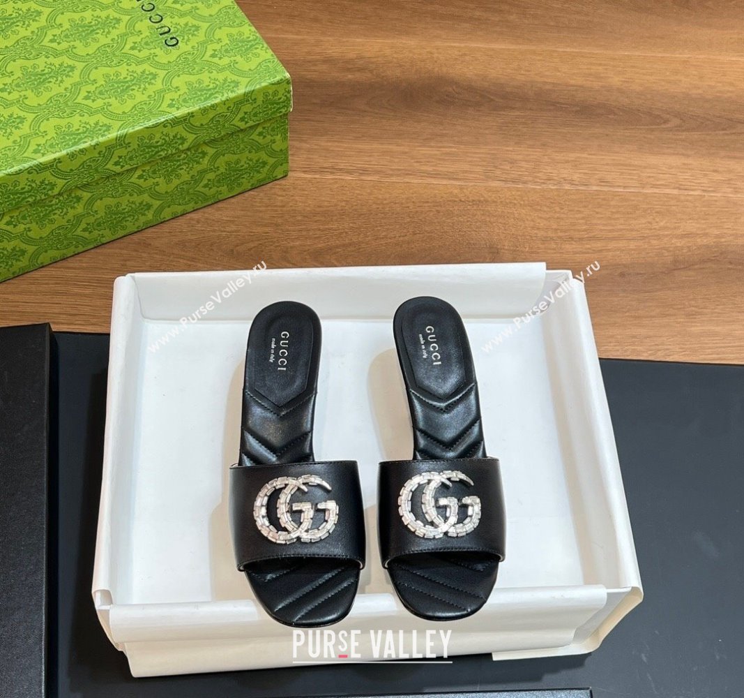 Gucci Double G Mid-heel Slide Sandals 7.5cm with Crystals Black 2024 (MD-240319001)