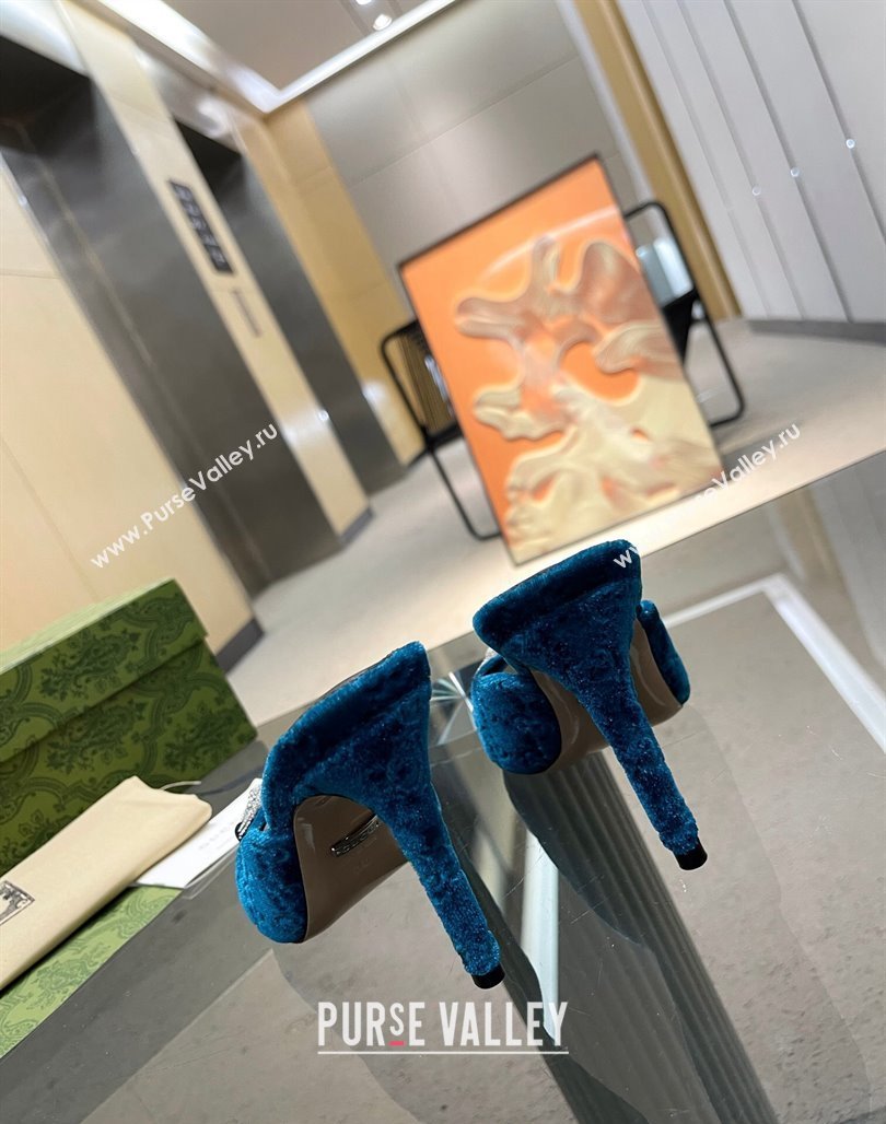 Gucci Horsebit 1955 High Heel Slide Sandals 9.5cm in GG Velvet Blue 2024 (MD-240316003)