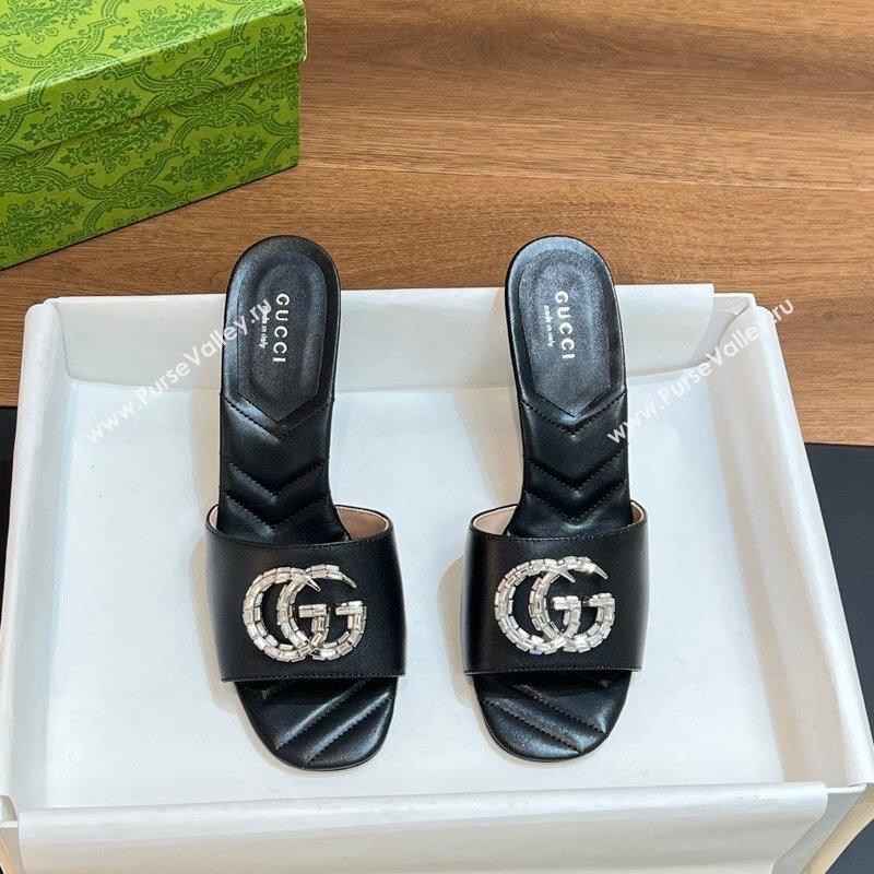 Gucci Double G Mid-heel Slide Sandals 7.5cm with Crystals Black 2024 (MD-240319001)