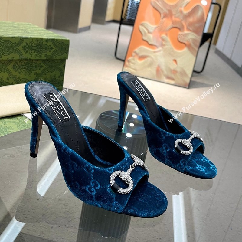 Gucci Horsebit 1955 High Heel Slide Sandals 9.5cm in GG Velvet Blue 2024 (MD-240316003)