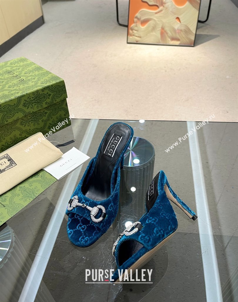 Gucci Horsebit 1955 High Heel Slide Sandals 9.5cm in GG Velvet Blue 2024 (MD-240316003)