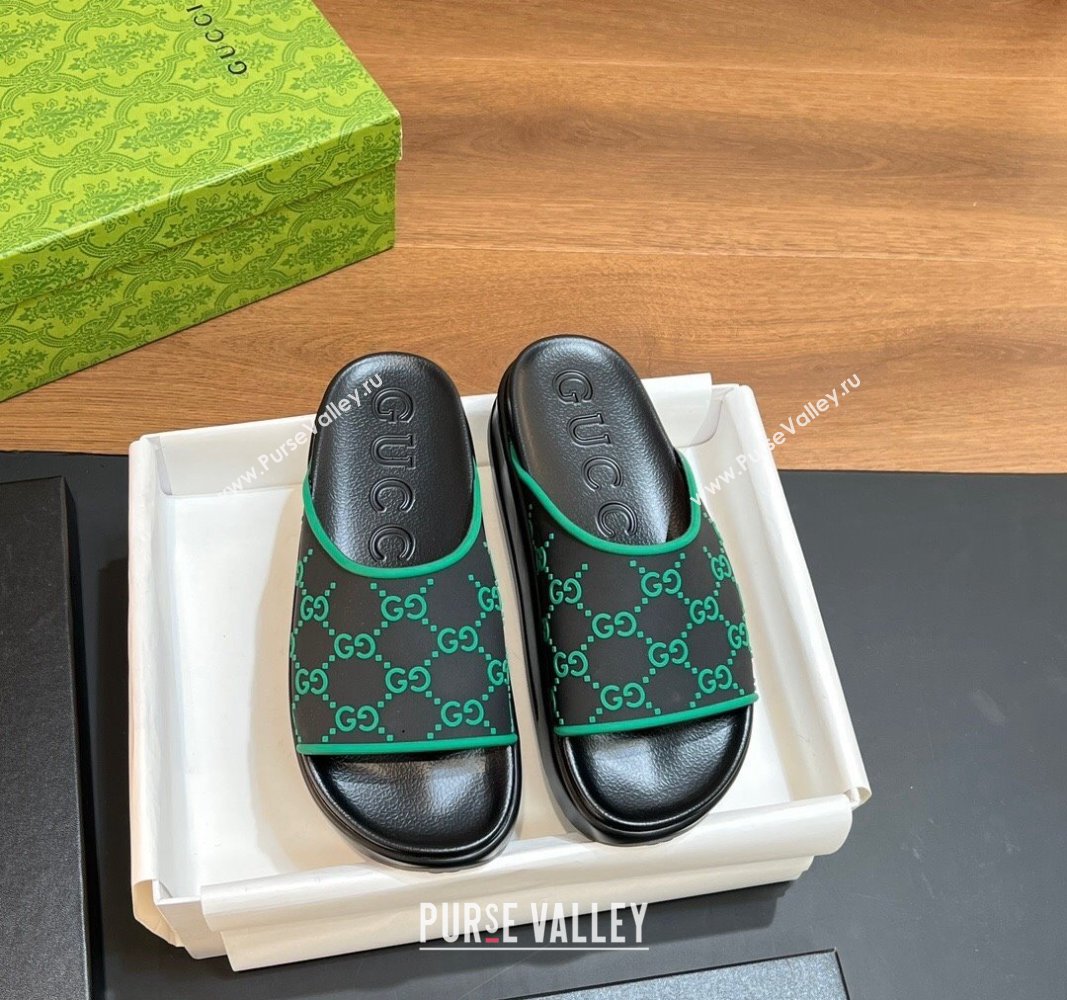 Gucci Rubber Platform Slide Sandals with Interlocking G Black/Green 2024 0319 (MD-240319007)