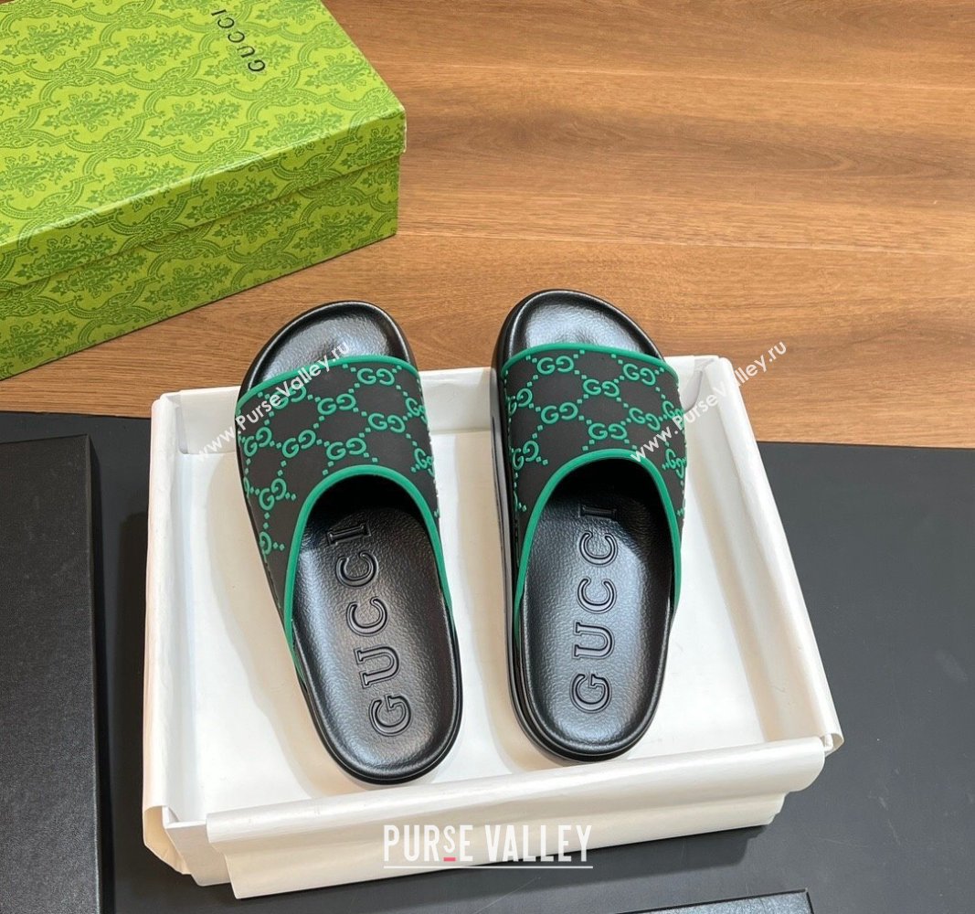 Gucci Rubber Platform Slide Sandals with Interlocking G Black/Green 2024 0319 (MD-240319007)