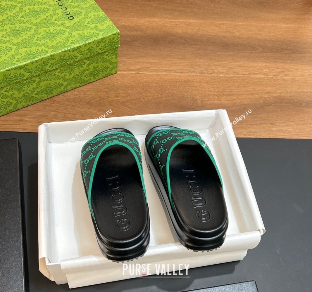 Gucci Rubber Platform Slide Sandals with Interlocking G Black/Green 2024 0319 (MD-240319007)