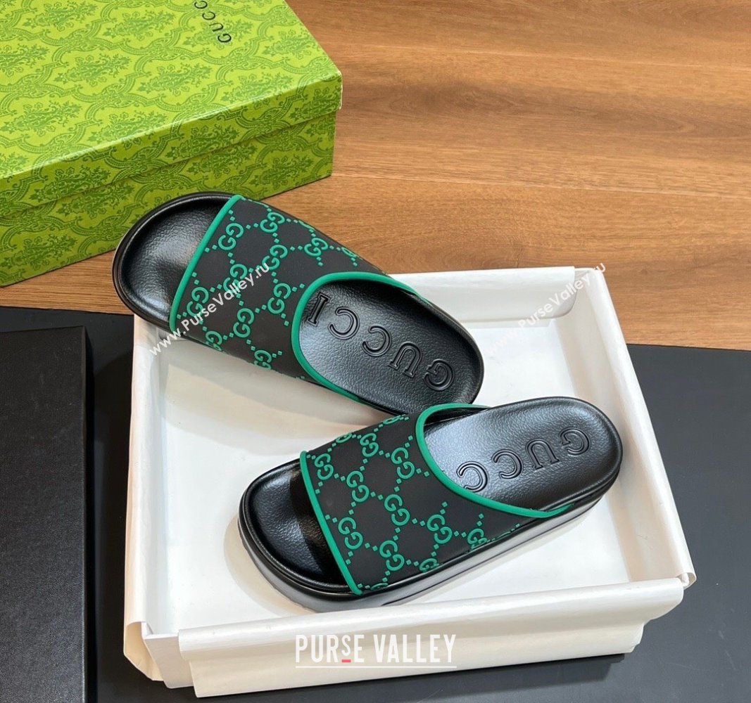 Gucci Rubber Platform Slide Sandals with Interlocking G Black/Green 2024 0319 (MD-240319007)