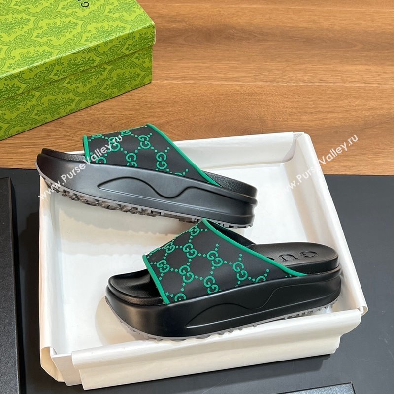 Gucci Rubber Platform Slide Sandals with Interlocking G Black/Green 2024 0319 (MD-240319007)